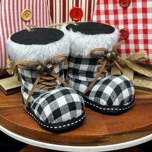 Christmas Holiday Santa Boots Ornament Buffalo Plaid Check Faux Fur Trim Bells